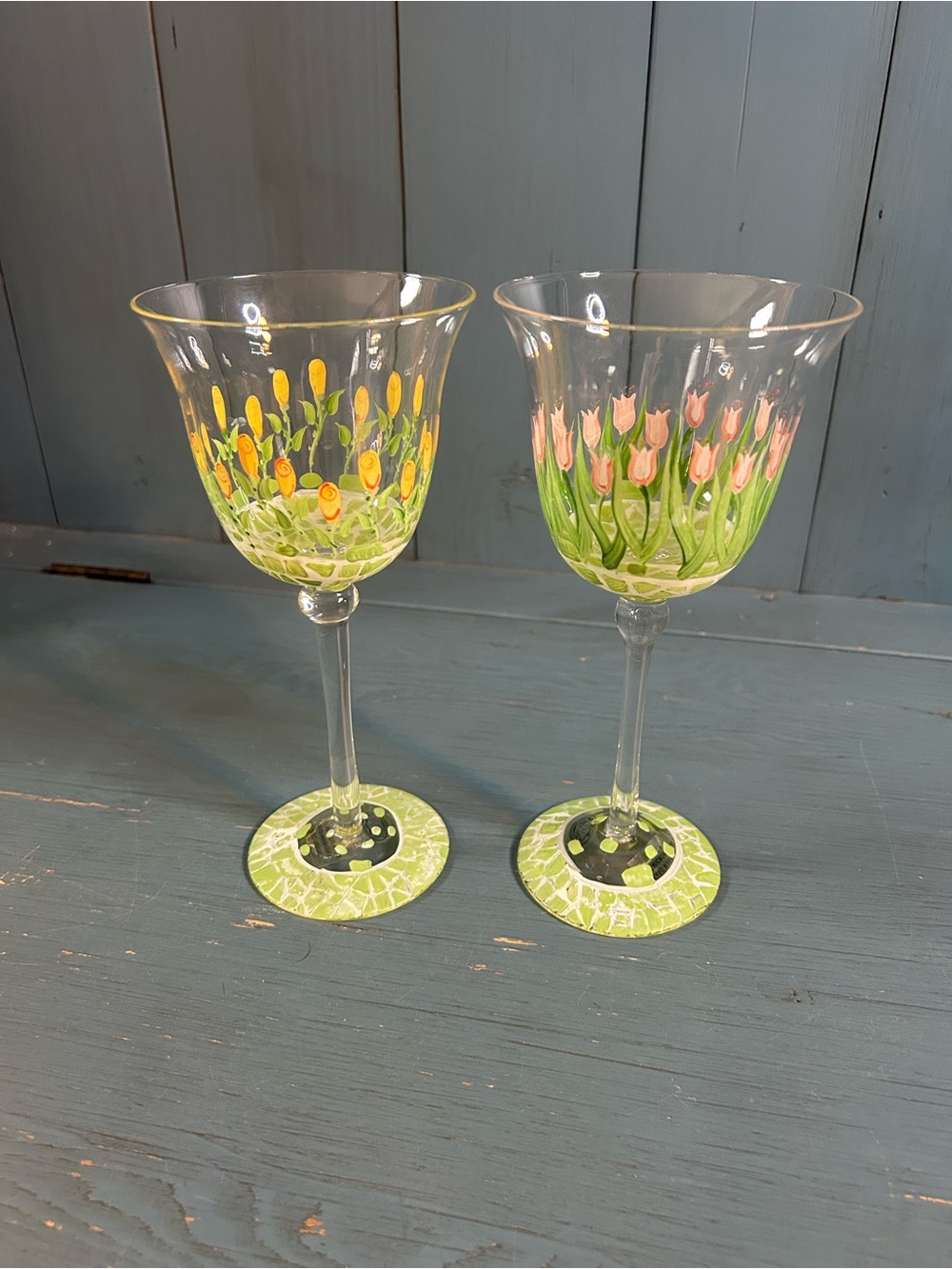 Home Essentials Hand-Painted Floral Wine Glasses in Yellow & Pink - Set of 2